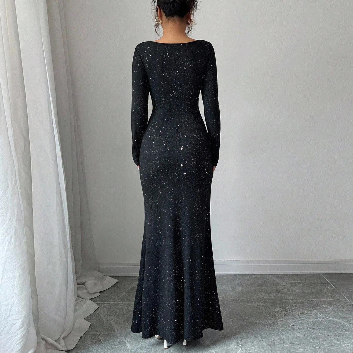 Swing collar hot stamping elastic long sleeved fishtail skirt