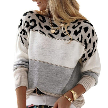 Color-block Leopard Print Round Neck Casual Knit Sweater Women's Autumn Winter New Style Cross-border Knitwear Pullover Long Sleeve Innerwear