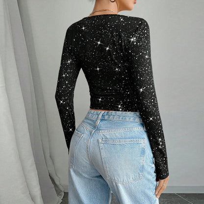 Open navel square neck hot silver elastic top for women