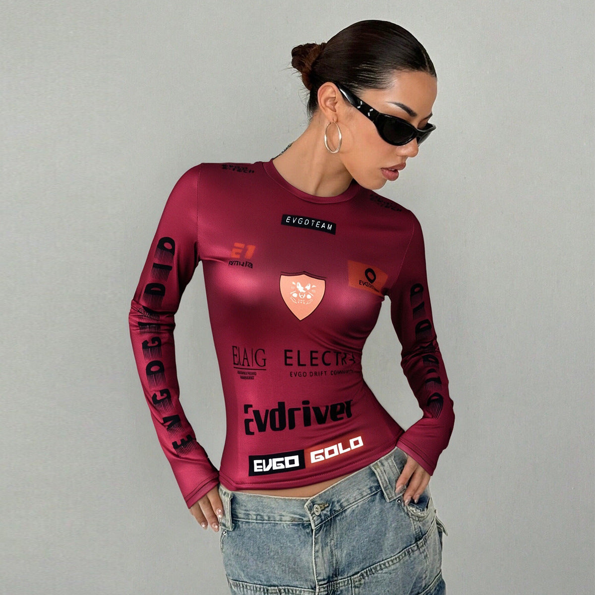 Open navel printed elastic round neck long sleeved top