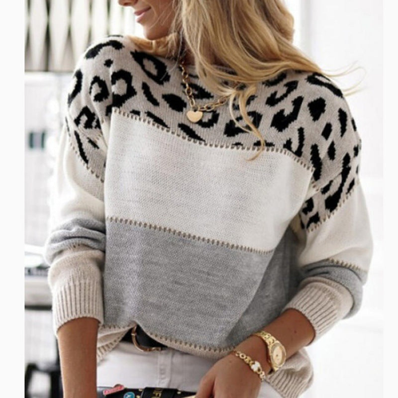 Color-block Leopard Print Round Neck Casual Knit Sweater Women's Autumn Winter New Style Cross-border Knitwear Pullover Long Sleeve Innerwear