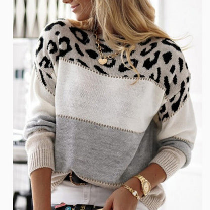 Color-block Leopard Print Round Neck Casual Knit Sweater Women's Autumn Winter New Style Cross-border Knitwear Pullover Long Sleeve Innerwear