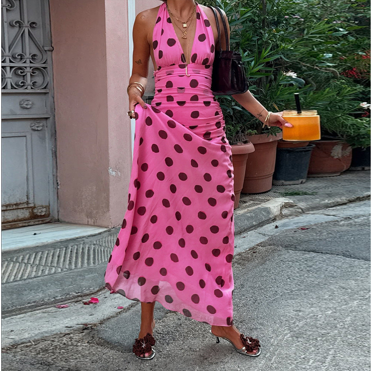 Sexy backless strap mesh printed dress for women