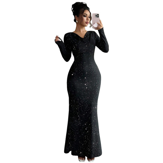 Swing collar hot stamping elastic long sleeved fishtail skirt