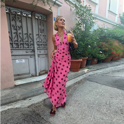 Sexy backless strap mesh printed dress for women