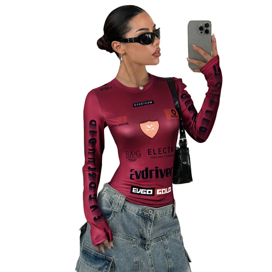 Open navel printed elastic round neck long sleeved top