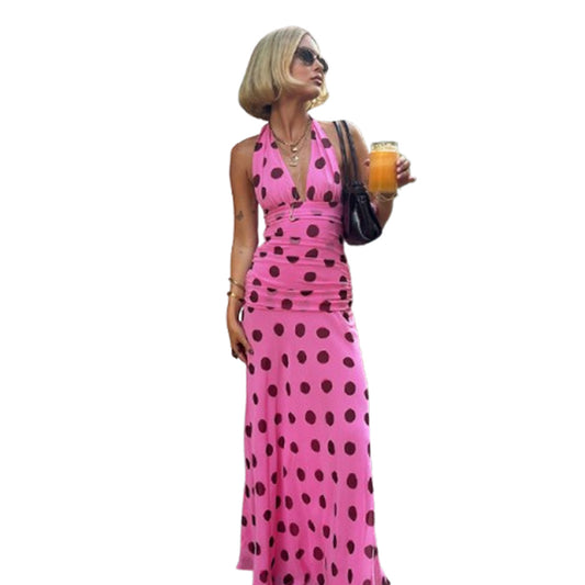 Sexy backless strap mesh printed dress for women