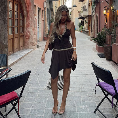 Sexy slim fit V-neck backless hanging neck dress