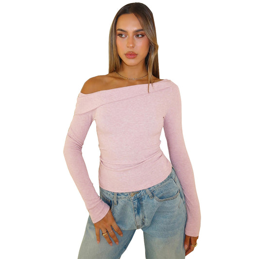 Slim fit slanted neck elastic long sleeved top for women