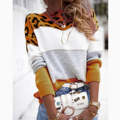 Color-block Leopard Print Round Neck Casual Knit Sweater Women's Autumn Winter New Style Cross-border Knitwear Pullover Long Sleeve Innerwear