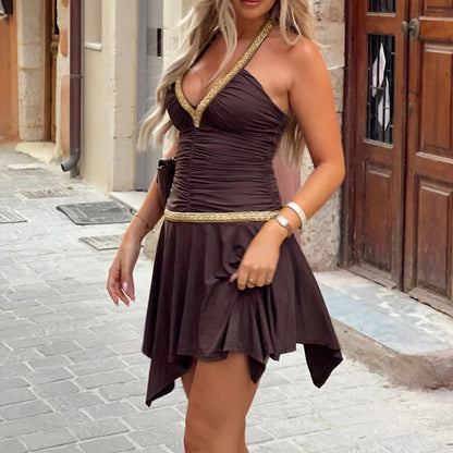 Sexy slim fit V-neck backless hanging neck dress